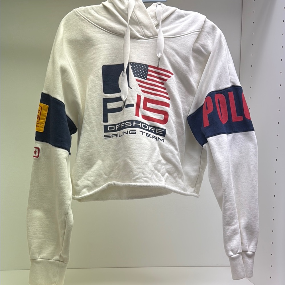 Polo by Ralph Lauren White and Blue crop Sweatshirt with Sporty Stripes Medium